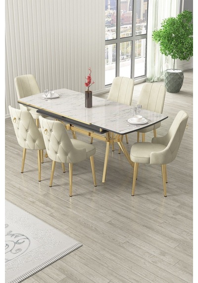 Canisa Nis Serisi 89x150 Açılabilir Lak Panel Beyaz Mermer Desen Masa Takımı 6 Krem Sandalye Beyaz Mermer Desen Masa Sandalyeler Krem Canisa Nis Serisi 89x150 Açılabilir Lak Panel Beyaz Mermer Desen Masa Takımı 6 Krem Sandalye Beyaz Mermer Desen Masa Sandalyeler Krem