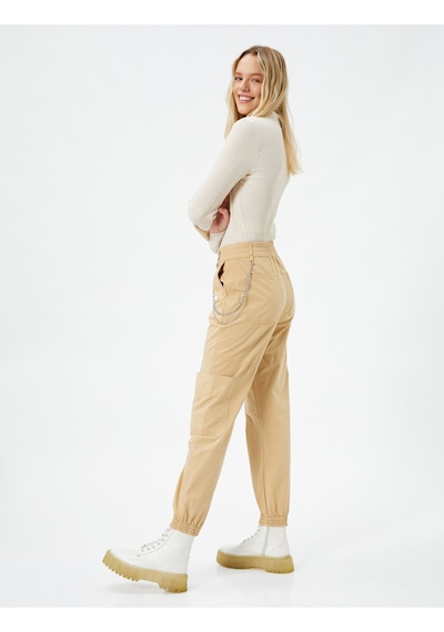 Koton Jogger Gabardin Pantolon Zincir Detaylı Cepli Beli Lastikli Deve Tüyü 4wal40010mw Taba