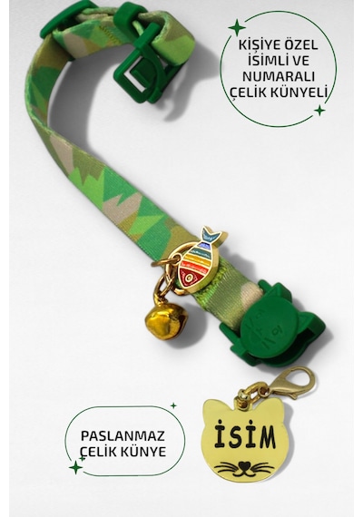 Caramelos Güvenlik Kilitli Kedi Tasması, Isimli Kedi Tasması, Kedi Isimlik, Kedi Künyesi, Safety Click Ay