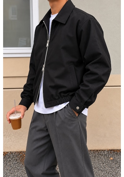 Tarz Cool Erkek Oversize Çift Yönlü Fermuarlı %100 Pamuk Ceket Rahat Kalıp, Lastikli Bel, Günlük Ve Casual Stil Siyah