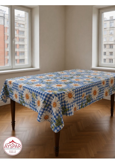 Masa Örtüsü 150x170 Cm Açık Mavi Kareli Papatya Beyaz
