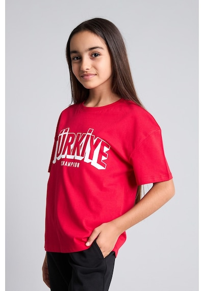 Defacto Regular Fıt Bisiklet Yaka Slogan Baskılı Kısa Kollu Tişört Kız Çocuk I6638a826smrd282 Kırmızı-rd282