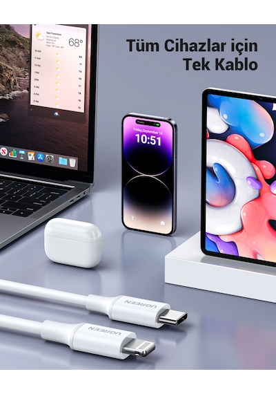 Ugreen Usb-c - Lightning 3a Pd Mfi Sertifikalı Hızlı Şarj Kablosu, 2 M, Beyaz, 60749 2 Metre