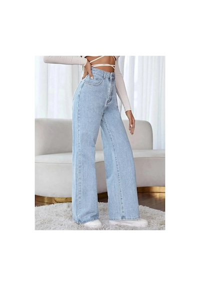 Woddi Loli Kar Palazzo Likralı Yüksek Bel Mavi Salaş Jean Pantolon New Sezon-4 Taş1