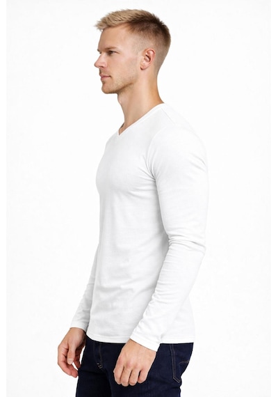 Axxel Erkek Beyaz Pamuklu Likralı Süprem Uzun Kollu T-shirt-d236