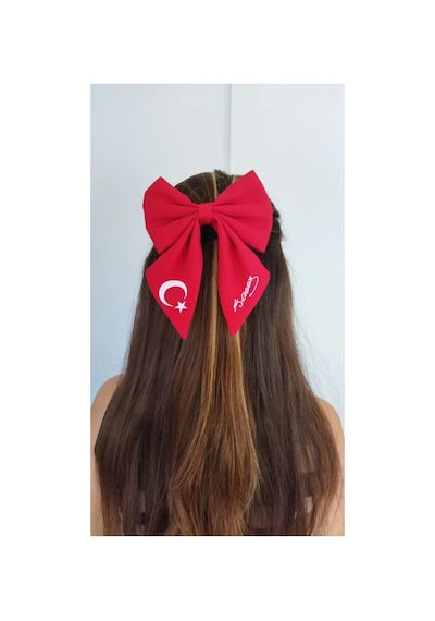 Türk Bayrağı Ve Atatürk İmza Motifli Fiyonk Toka - Kırmızı Kırmızı