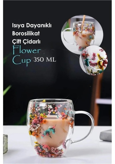 350 Ml Isıya Dayanıklı Borosilikat Çift Çidarlı Flower Cup Bardak Çiçekli Kahve Sunum Bardağı çok renkli
