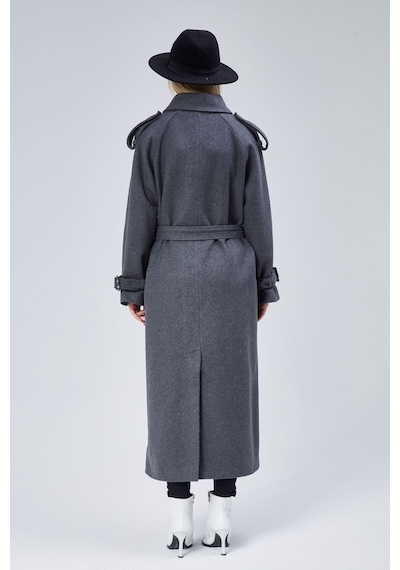 Kuşaklı Oversize Kaşe Kaban Koyu Gri
