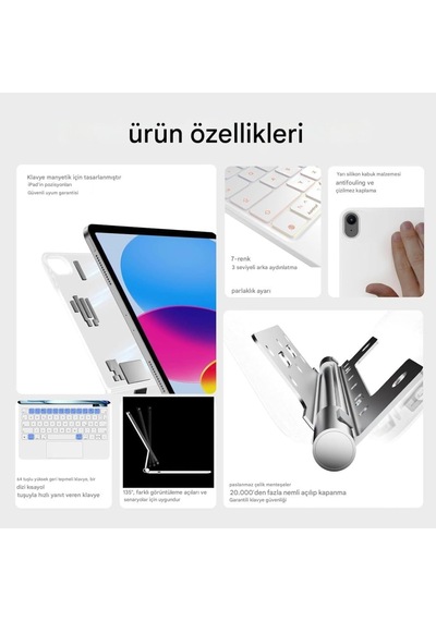Apple iPad Uyumlu  11.nesil A16 11inç/10.nesil 10.9inç Klavyeli İle Uyumlu Kılıf Magic Keyboard Touchpad Aydınlatmalı Klavye