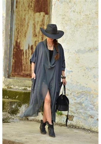 Bohem Stil Italyan Ipek Detaylı Oversize Kaftan & Bluz-8711 Antrasit