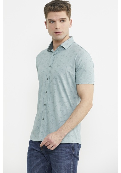 Slim Fit Baskılı Penye Gömlek - Yeşil Yeşil