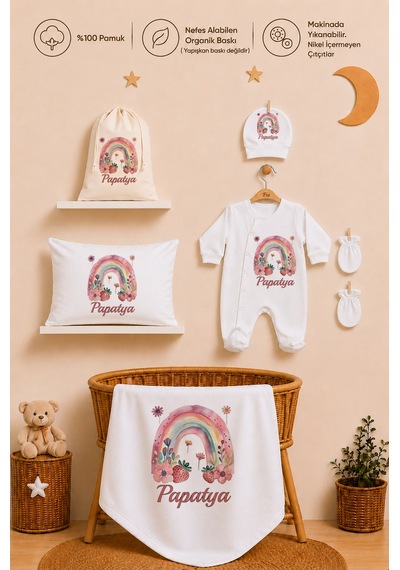 Pia Baby Kız Bebek İsimli Hastane Çıkışı 6 Parça Tulum Şapka Eldiven %100 Pamuk Hediye Seti 1097tybk0x Krem