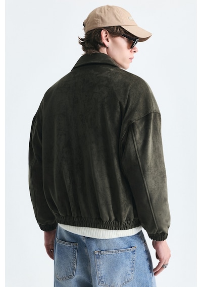 Vamos Oversize Polo Yaka Suni Süet Mont Haki