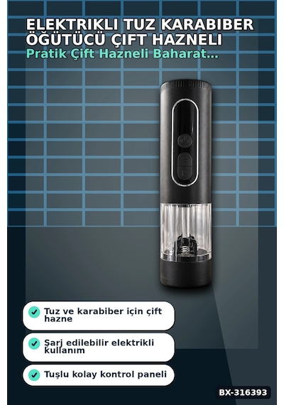 Elektrikli Tuz Karabiber Öğütücü Çift Hazneli Şarjlı Led Işıklı Mutfak Baharat Değirmeni Bx-316393 Çok Renkli