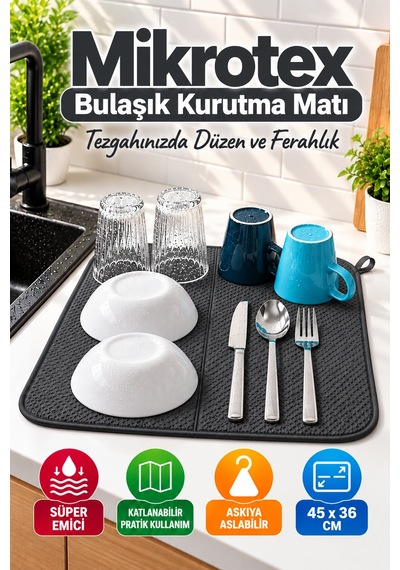 Antrasit Bez Mikrotex Bulaşık Kurutma Matı 45x36 Cm Süper Emici Katlanabilir Tezgah Üstü Kurutma Matı
