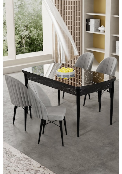 Canisa Gale Serisi 80x132 Açılabilir Lak Panel Siyah Mermer Desen Mutfak Masa Takımı 4 Gri Sandalye Masa Siyah Mermer Desen Sandalyeler Gri Canisa Gale Serisi 80x132 Açılabilir Lak Panel Siyah Mermer Desen Mutfak Masa Takımı 4 Gri Sandalye Masa Siyah Mermer Desen Sandalyeler Gri