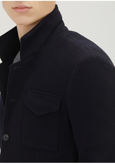 Ramsey Koyu Lacivert Düz Shirt Shoulder Slim Fit Yün Karışımlı Örme Ceket