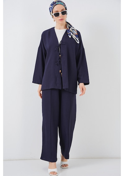 Bigdart Kadın Keten Kimono İkili Takım 6727 - Lacivert