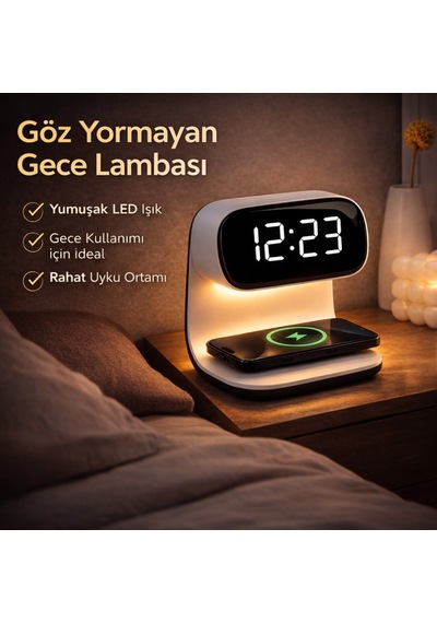 Polham 15w Kablosuz Şarjlı Led Masa Lambası Saat Alarm Özellikli Dijital Saat Gece Lambası Led Ekran Beyaz