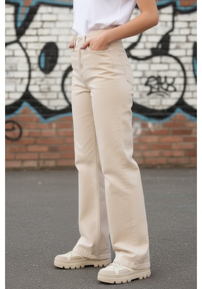 Woddi Heaven Kadın Yüksek Bel Krem Salaş Wide Leg Jeans Geniş Paça Palazzo Kot Pantolon