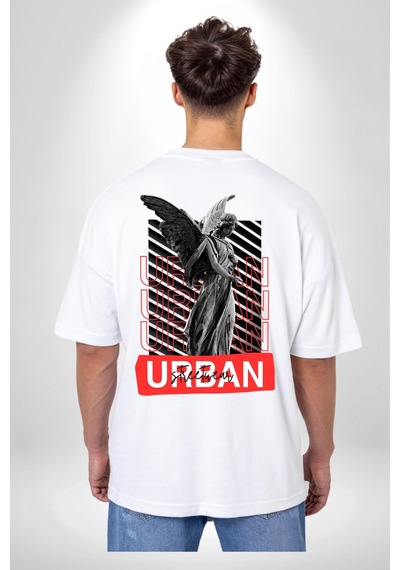Şehir Sokak Stili Melek Heykeli Beyaz Oversize Unisex Ön Ve Sırt Baskılı Tişört Beyaz