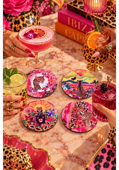 Leopar Desenli Tropikal Pop Art & Maksimalist Dekor Temalı, 4 Lü Bardak Altlığı Set 9 Cm, 3 Mm Ahşap Mdf, Dijital Baskı - 934189246 Diğer