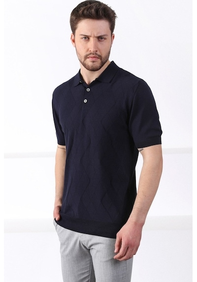 Ferraro Lacivert Polo Yaka Baklava Desen Erkek Pamuk Triko T-Shirt Lacivert