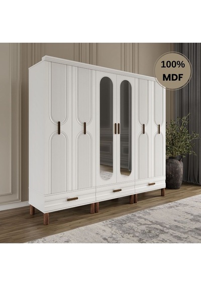 Zen 6 Kapak Ayaklı Tasarım Country Mdf Gardırop Beyaz