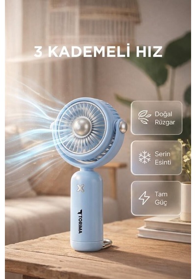 Özel Seri Şarjlı El Vantilatörü F60 Mavi Pratik Mobil Ofis