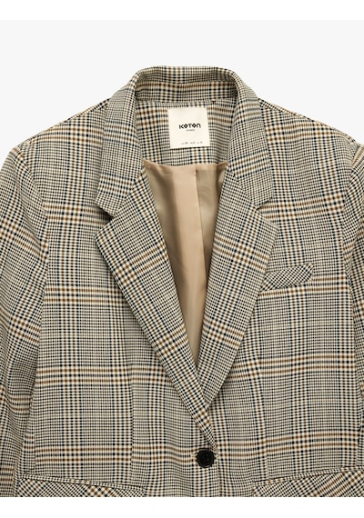 Koton Cepli Düğmeli Uzun Kollu Kruvaze Ekose Blazer Ceket Ekru Ekose 7wak50028uw Ekru Ekoseli