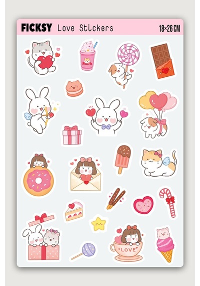 Kawaii Stili Sevimli Hayvanlar Sevgililer Günü Temalı Sticker Seti - 22 Adet Etiket Çıkartma Diğer