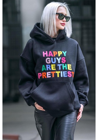 Siyah Renkli Nakışlı Bisiklet Yaka Sweatshirt Mg1574