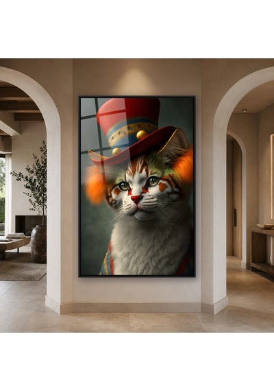 Şapkalı Kedi Portresi Siyah Çerçeveli Cam Tablo