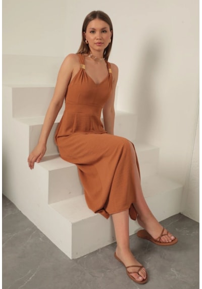 Trendol Fashion Life Toka Detaylı Aeorobin Elbise Bej - Kahverengi