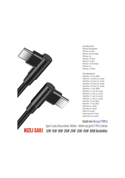 Apple Uyumlu iPad  Pro 11 İnç 1-2-3-4 Nesil M4 Şarj Kablosu Uzun 3 M Typec To Typec Hızlı Şarj Kablosu
