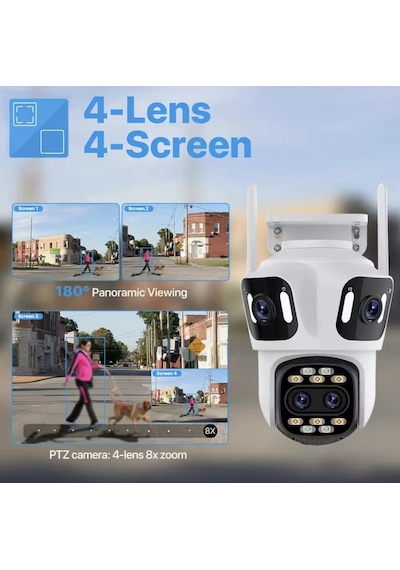 12mp 3k 4 Lensli Wifi Ptz Kamera 8x Zoom 360 Görüş Ip66 Gece Görüş Akıllı Güvenlik Kamera