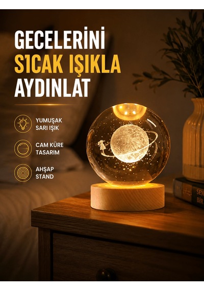 Ahşap Standlı Sarı Işıklı Dekoratif Küre Kız Figürü Tasarım Standart 21469966