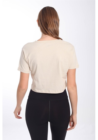 Maraton Sportswear Regular Kadın V Yaka Kısa Kol Basic Kil Rengi Crop Top 21236 Gri