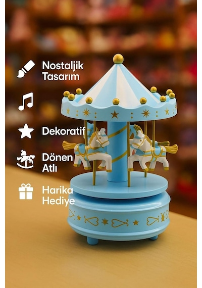 Mavi Atlı Karınca Müzik Çalmalı, Kurmalı Dönen Dekoratif Biblo Nostaljik Hediye Çocuk Odası İçin Şık