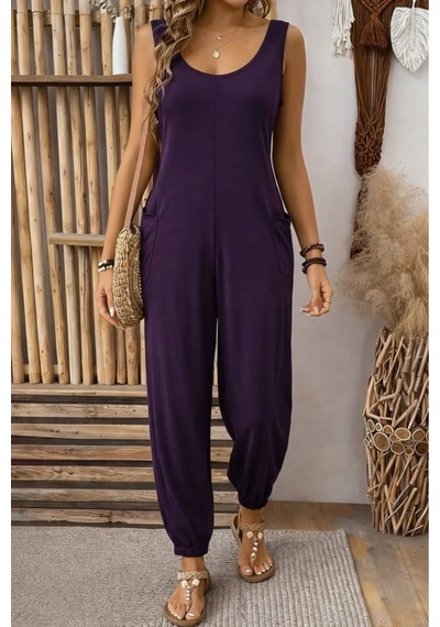 Butik İstanbul Kadın Askılı Yuvarlak Yakalı Cep Detaylı Viskon Tulum Mor