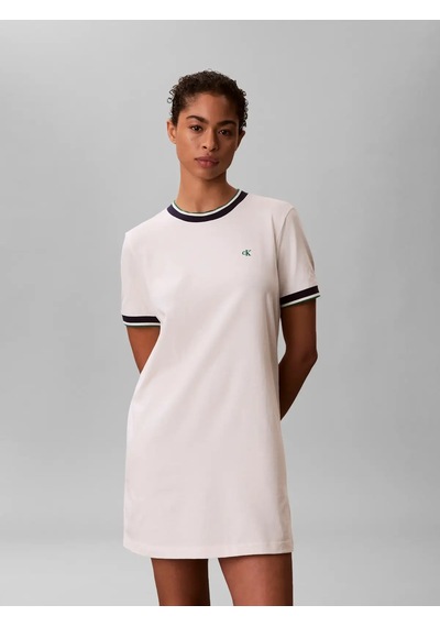 Calvin Klein Ss Ctn Monogram Strı Beyaz Kadın Regular Fit Mini Elbise