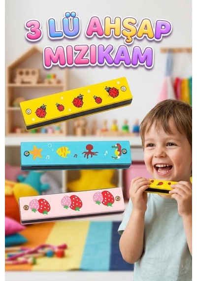 3'lü Ahşap Çocuk Mızıka Seti 16 Delikli 12cm Renkli Eğitici Ahşap Oyuncak Müzik Aleti Mızıka