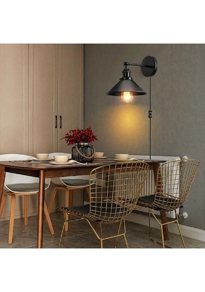Riolight Vintage,retro Rustik Siyah Metal 1xe27 Hareketli Başlık Fişli,kablolu Aplik Çap:23cm Rio Light