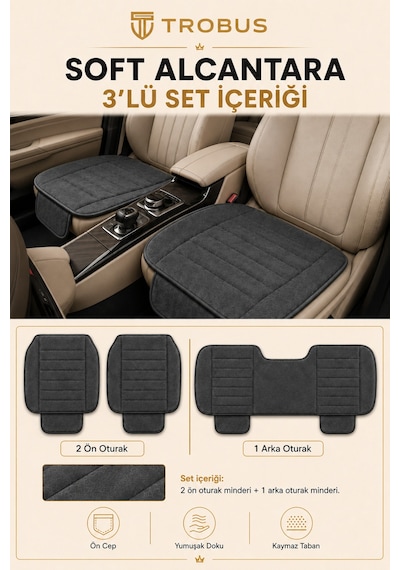 Opel Combo Üniversal Soft Alkantra Çizgili 3 Parça Oto Koltuk Minderi Antrasit