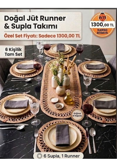 El Yapımı Doğal Jüt Halat Supla Ve .runer Takımı. Makine Dikişli Dayanıklı Uzun Ömürlü 7 Parça Supla Takımı Jüt-hasır