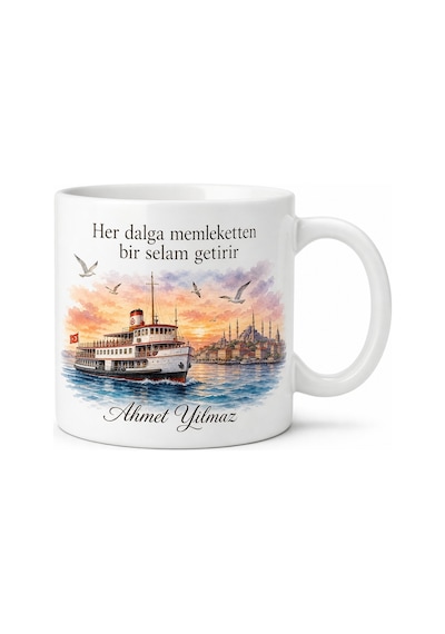 Memleket Vapuru Temalı Baskılı Kupa Bardak Nostaljik Hediye Porselen Mug Beyaz