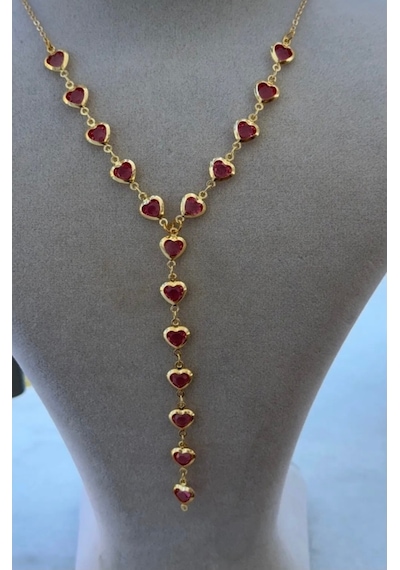 Kadın Gold Renk Zirkon Taşlı Özel Tasarım Y Model Kolye Pembe