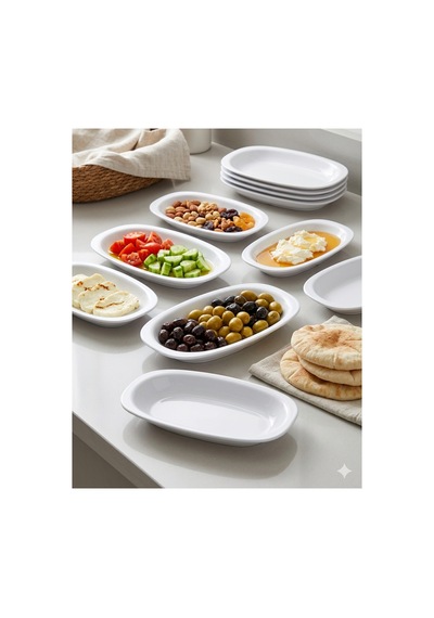 12 Adet Melamin Oval Kayık Tabak Seti 15 X 9 Cm - Kahvaltılık Ve Mezelik Servis Tabağı Beyaz Beyaz