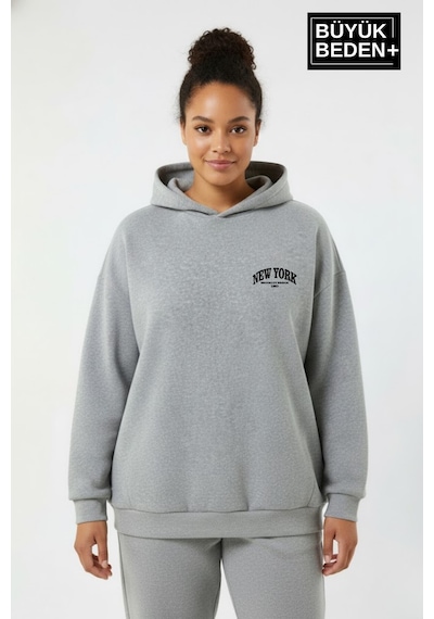 Süperlife Kadın Büyük Beden New York Baskılı Kapüşonlu İnce Sweatshirt Spr26bswk962 Gri Melanj