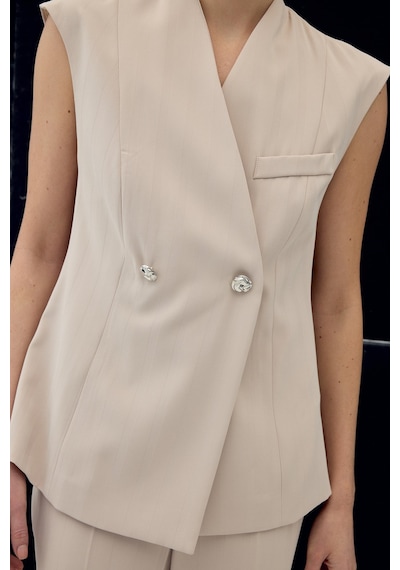 Sateen Anna Çizgili Yelek - Bej-137102 Bej